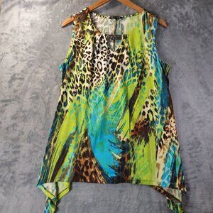 Zac & Rachel Womens Sleeveless TankTop L Green Blue Animal Print Beaded Hem Boho